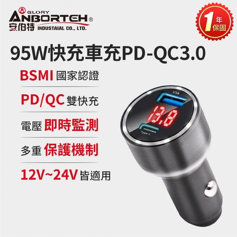 ANBORTEH安伯特 ABT-E081 PD+QC3.0 鋁合金快充車充頭95W