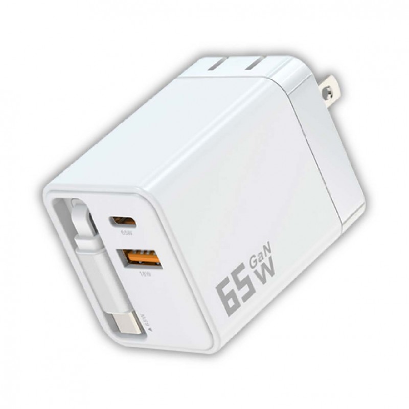 MCK科技 自帶線二孔GaN氮化鎵快充65W(黑/白)