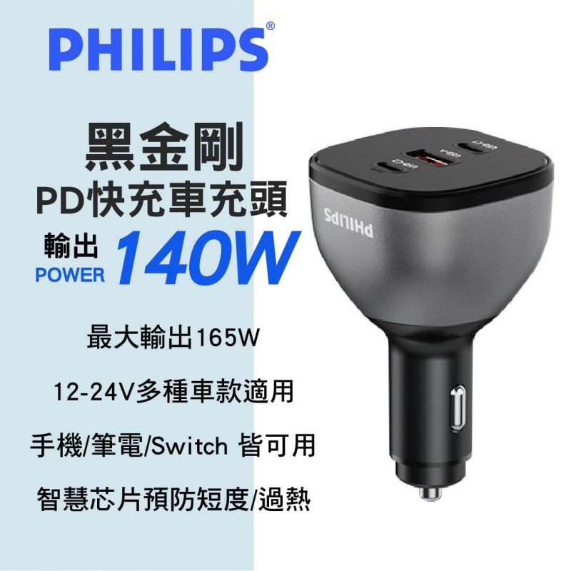 PHILIPS飛利浦 DLP3539C 黑金鋼PD快充車充頭 140W