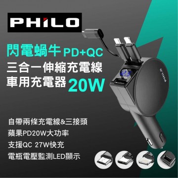 Philo 飛樂 PU24 閃電蝸牛PD+QC三合一伸縮線充電器20W