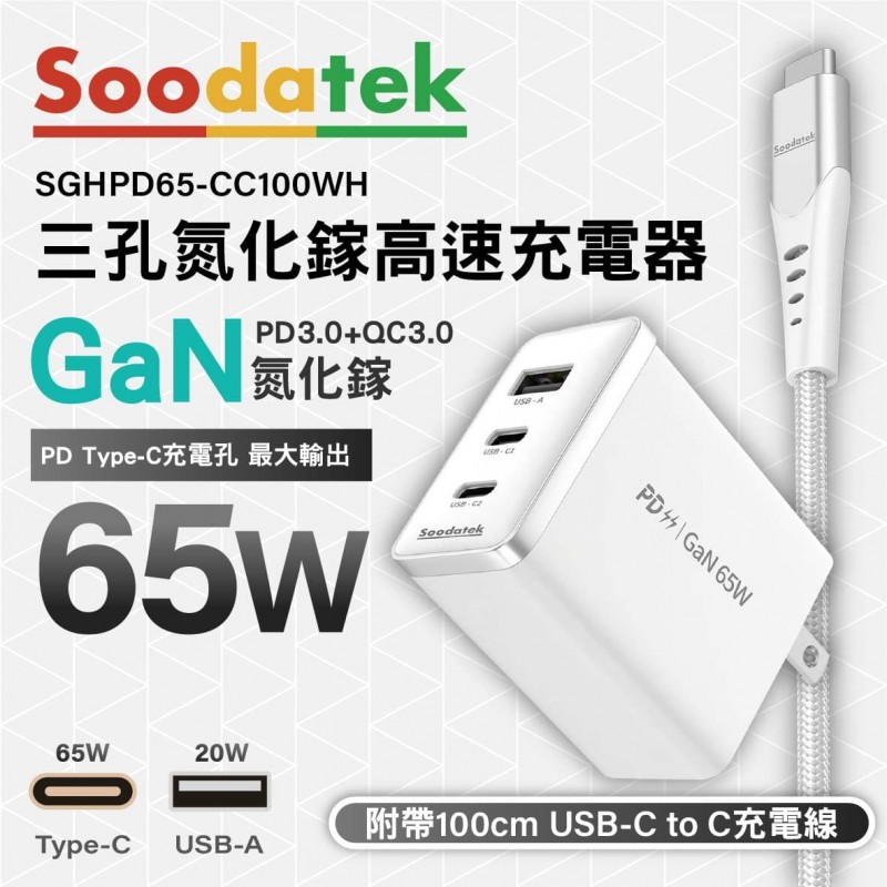 SODATEK SGHPD65-CC100WH 三孔氮化鎵高速充電器 65W